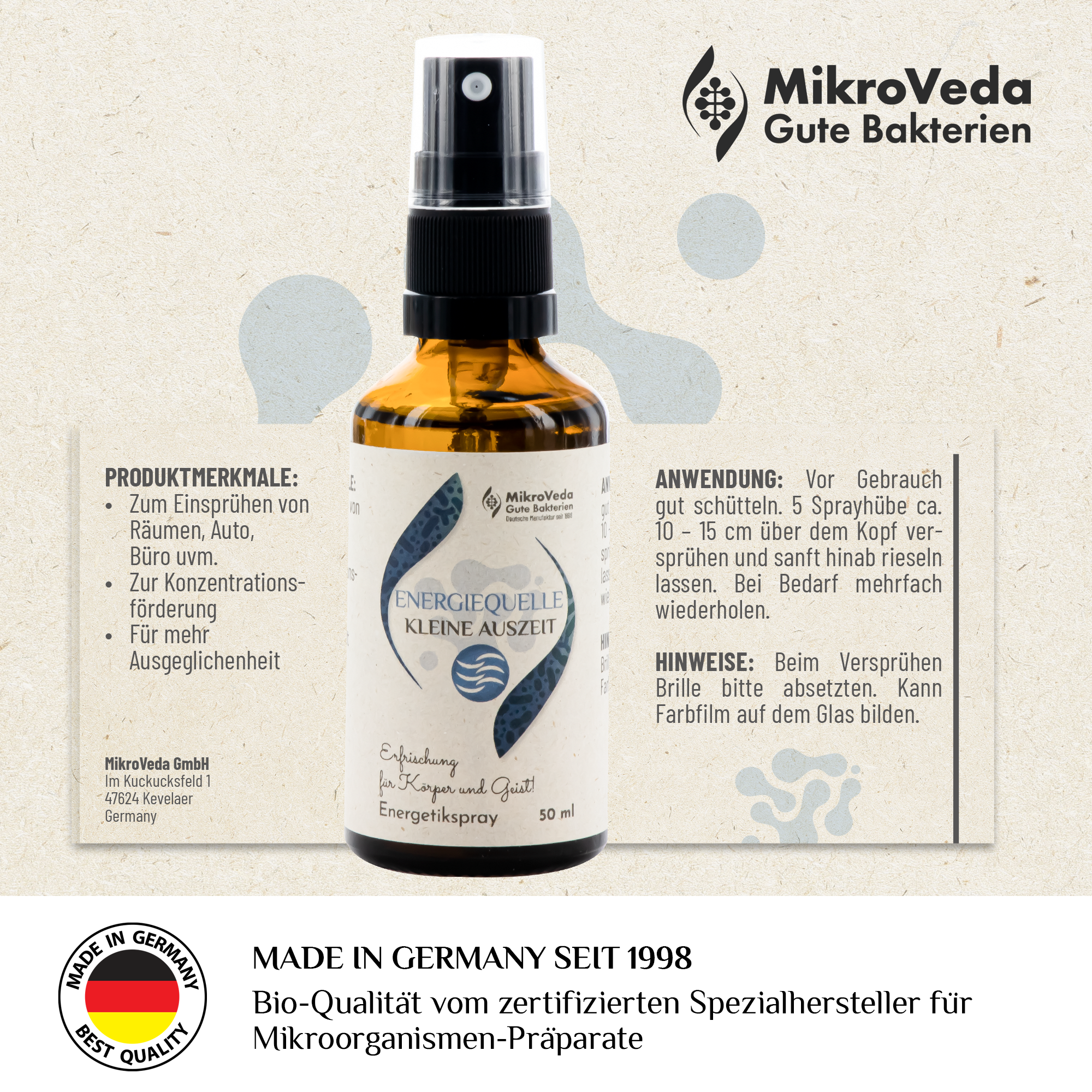 MikroVeda Kleine Auszeit ENERGIEQUELLE 50 ml Sprühflasche Glas
