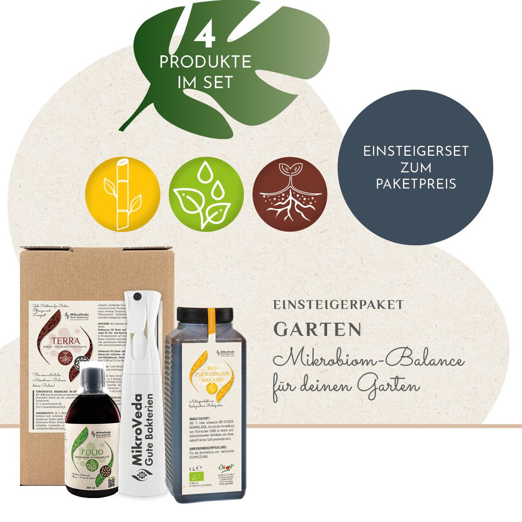 MikroVeda GARTEN-Einsteiger-Paket mit FOLIO, TERRA, Sprühflasche (weiß) und ZUCKERROHRMELASSE im Set